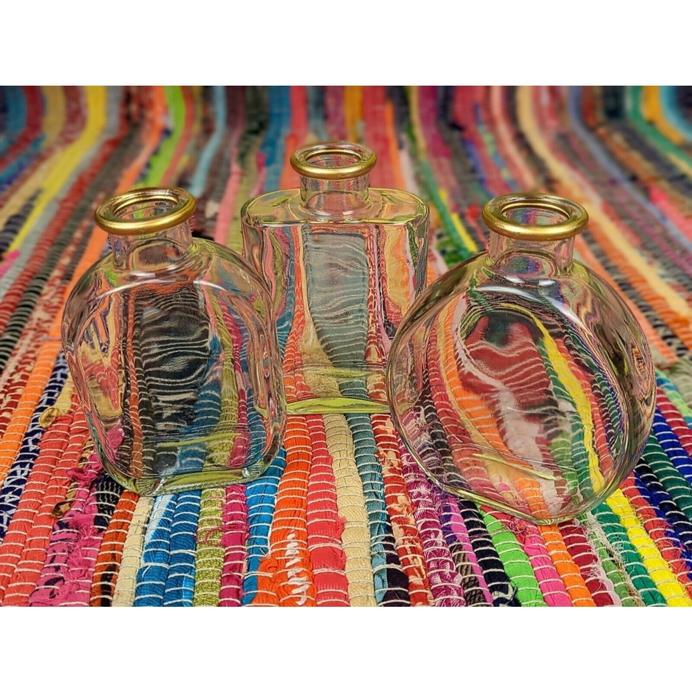 VTG Set Of 3 Clear Glass Flasks Decanters Bottles With Gold Neck Coating EUC
